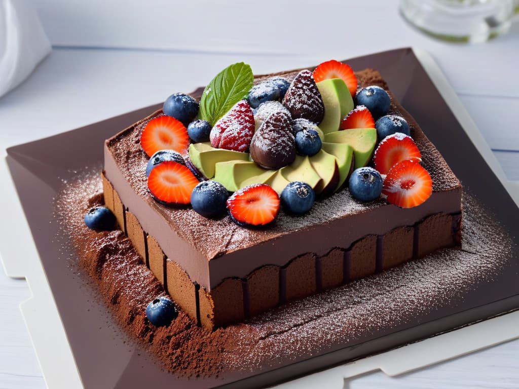  A closeup, ultradetailed image of a beautifully plated lowcalorie dessert, featuring a decadent chocolate avocado mousse layered with fresh berries and a sprinkle of cocoa powder on top. The dessert is set on a sleek white plate with a subtle geometric design, placed on a light wooden table. The vibrant colors of the berries pop against the rich dark chocolate mousse, creating a visually stunning and appetizing composition that perfectly complements the article's theme of guiltfree indulgence in delicious desserts. hyperrealistic, full body, detailed clothing, highly detailed, cinematic lighting, stunningly beautiful, intricate, sharp focus, f/1. 8, 85mm, (centered image composition), (professionally color graded), ((bright soft diffused light)), volumetric fog, trending on instagram, trending on tumblr, HDR 4K, 8K