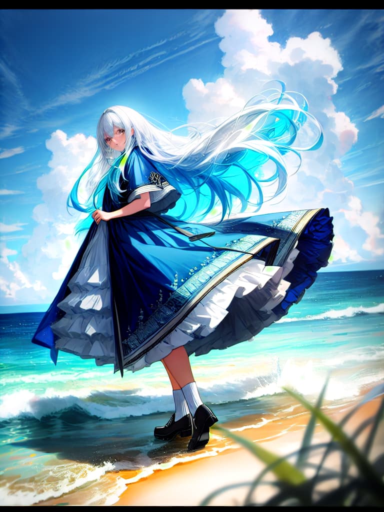  Masterpiece, best quality, a girl with long white hair, white eyes, wearing a blue and white dress, looking at the sea, hyperrealistic, full body, detailed clothing, highly detailed, cinematic lighting, stunningly beautiful, intricate, sharp focus, f/1. 8, 85mm, (centered image composition), (professionally color graded), ((bright soft diffused light)), volumetric fog, trending on instagram, trending on tumblr, HDR 4K, 8K