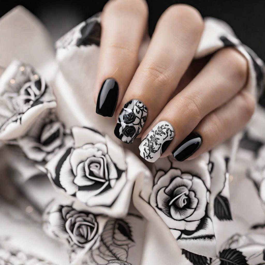  Masterpiece, best quality, a close-up of a hand decorated with an intricate manicure, showcasing delicate black roses and attractive motifs. The design uses harmonious black and white colors, with each petal and leaf carefully drawn. The background is composed of a soft, brilliant white, in subtle contrast to the vibrant manicure. The overall atmosphere exudes elegance and femininity, and this is a high-resolution photo that captures every intricate detail of the manicure. The light is soft and diffuse, illuminating the hand with a soft glow and delicate design. This photo was taken with a professional DSLR camera, using a macro lens to capture the intricate details of the manicure.