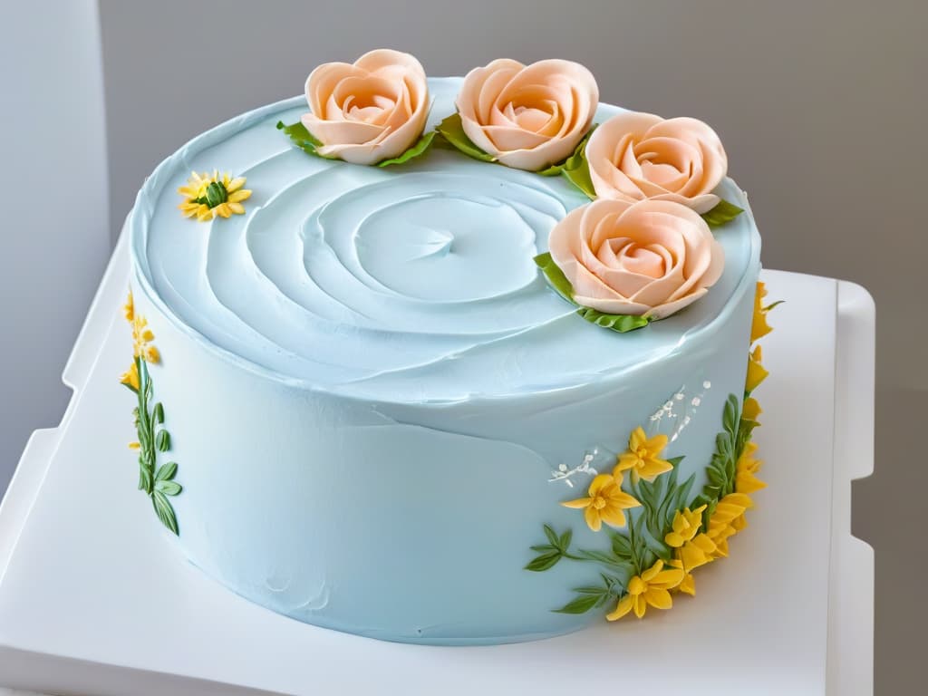  A closeup, ultradetailed image of a perfectly frosted and decorated cake sitting on a sleek, minimalist white marble countertop. The cake features intricate piping work with delicate flowers and elegant swirls in pastel colors, showcasing the artistry and skill involved in pastry competitions. Each detail is so crisp and clear that viewers can almost taste the sweetness of the perfectly crafted dessert. hyperrealistic, full body, detailed clothing, highly detailed, cinematic lighting, stunningly beautiful, intricate, sharp focus, f/1. 8, 85mm, (centered image composition), (professionally color graded), ((bright soft diffused light)), volumetric fog, trending on instagram, trending on tumblr, HDR 4K, 8K