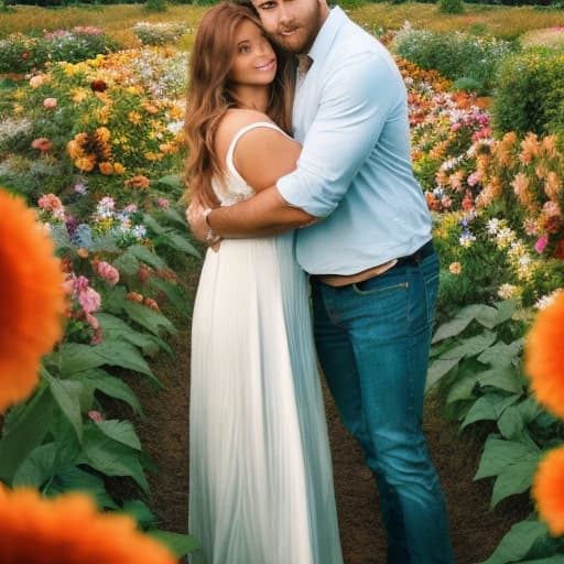 portrait+ style make a real full body photo of a beautiful woman being hugged by a handsome man from behind in a flower garden ￼