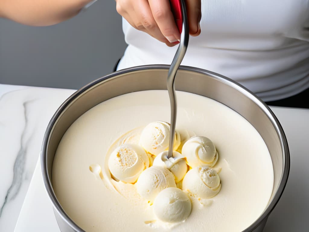  A closeup, ultradetailed image of a hand whisking together a creamy, smooth ice cream base in a sleek stainless steel bowl, capturing the elegant simplicity and precision of the essential steps in making homemade ice cream. The focus is on the intricate swirls of the mixture as it begins to thicken, with subtle shadows and highlights emphasizing the texture and consistency of the decadent dessert in the making. hyperrealistic, full body, detailed clothing, highly detailed, cinematic lighting, stunningly beautiful, intricate, sharp focus, f/1. 8, 85mm, (centered image composition), (professionally color graded), ((bright soft diffused light)), volumetric fog, trending on instagram, trending on tumblr, HDR 4K, 8K