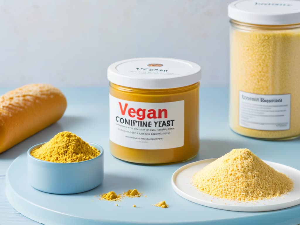  A minimalistic and professional illustration showcasing various types of vegan yeast commonly used in baking, such as nutritional yeast, active dry yeast, and instant yeast. Each type is depicted in a clean and detailed manner, with labels in an elegant font indicating their names. The background is a soft pastel color to enhance the focus on the yeast varieties, creating an informative yet visually appealing image for the article on vegan yeast for baking. hyperrealistic, full body, detailed clothing, highly detailed, cinematic lighting, stunningly beautiful, intricate, sharp focus, f/1. 8, 85mm, (centered image composition), (professionally color graded), ((bright soft diffused light)), volumetric fog, trending on instagram, trending on tumblr, HDR 4K, 8K