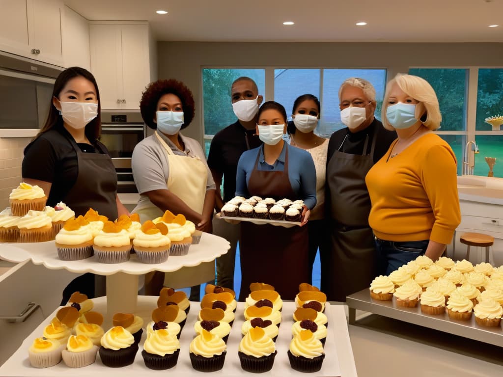  A photorealistic image depicting a diverse group of people of various ages and ethnicities, all wearing face masks, gathered around a kitchen island filled with an array of beautifully decorated cupcakes and pastries. The atmosphere is warm and inviting, with soft natural light streaming in through a window, highlighting the intricate details of the desserts and the smiles on the faces of the individuals as they engage in a socially distanced baking session. hyperrealistic, full body, detailed clothing, highly detailed, cinematic lighting, stunningly beautiful, intricate, sharp focus, f/1. 8, 85mm, (centered image composition), (professionally color graded), ((bright soft diffused light)), volumetric fog, trending on instagram, trending on tumblr, HDR 4K, 8K