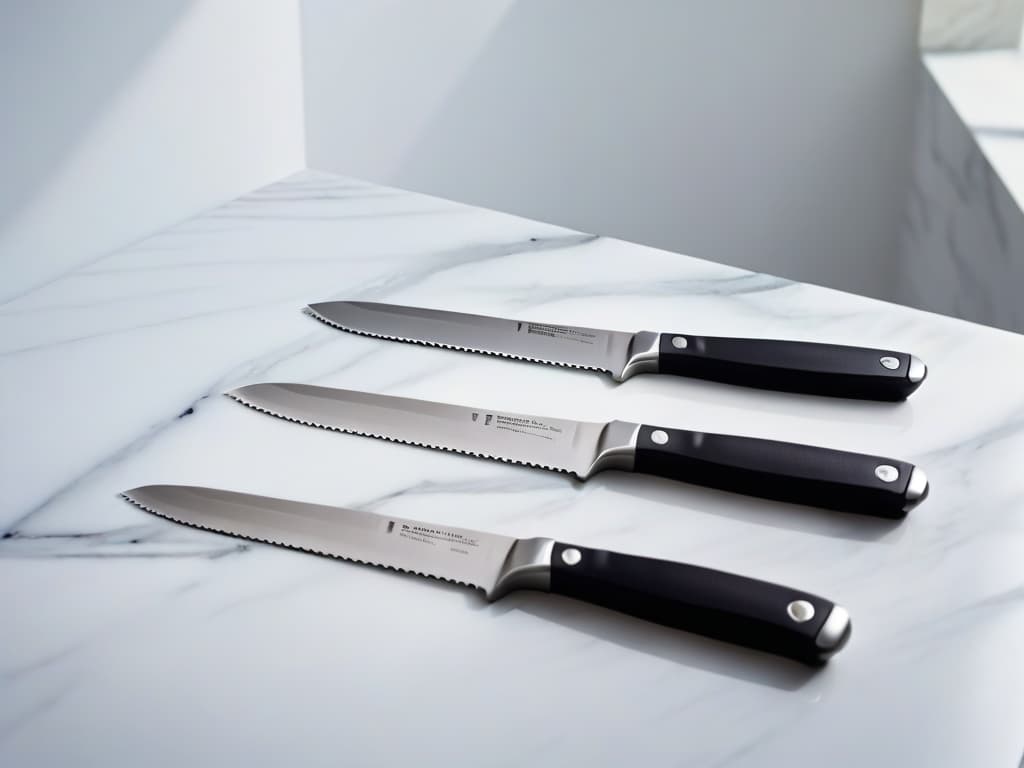  An ultradetailed closeup image of a sleek, modern set of highquality pastry knives arranged on a clean, marble countertop. The knives feature ergonomic handles, precision blades, and a subtle sheen that catches the light, highlighting their exquisite craftsmanship. The soft shadows cast by the knives create a sense of depth and sophistication, emphasizing the elegance and precision of these essential baking tools. hyperrealistic, full body, detailed clothing, highly detailed, cinematic lighting, stunningly beautiful, intricate, sharp focus, f/1. 8, 85mm, (centered image composition), (professionally color graded), ((bright soft diffused light)), volumetric fog, trending on instagram, trending on tumblr, HDR 4K, 8K