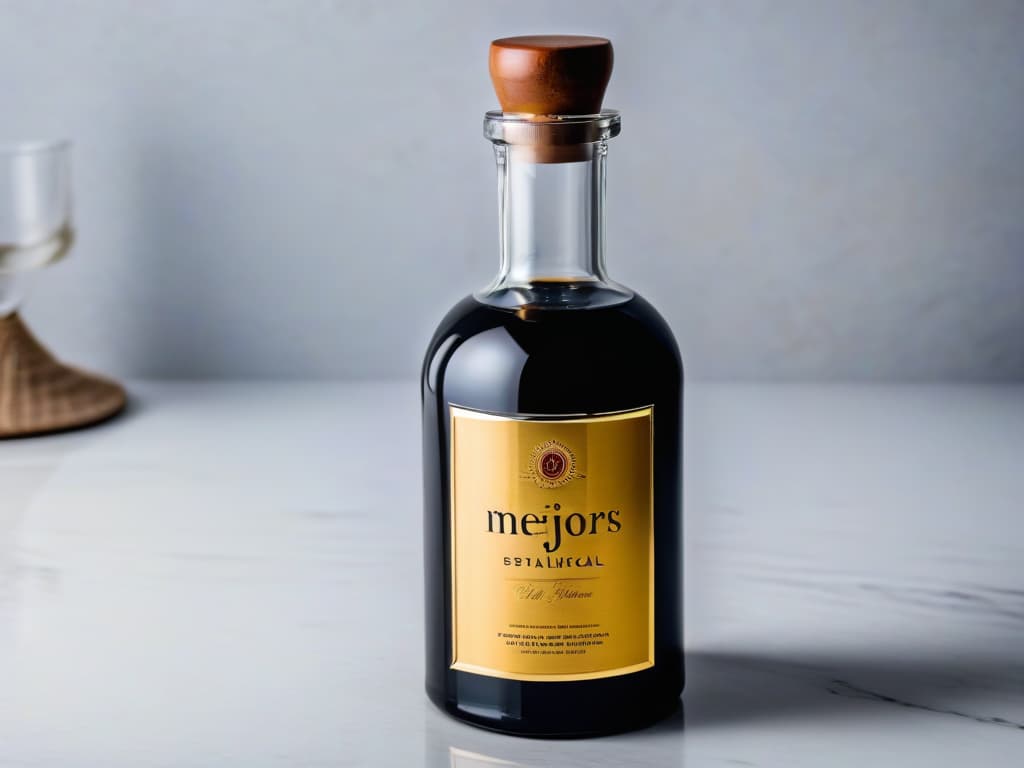  A closeup, ultradetailed image of a crystalclear glass bottle filled with rich, golden balsamic vinegar, elegantly placed on a sleek, marble countertop. The label on the bottle is impeccably designed with intricate gold foil lettering that reads "Mejores Marcas de Vinagre para Repostería," reflecting the light to create a dazzling, luxurious effect. The background is softly blurred to keep the focus solely on the exquisite bottle, evoking a sense of sophistication and quality that resonates with the theme of the article. hyperrealistic, full body, detailed clothing, highly detailed, cinematic lighting, stunningly beautiful, intricate, sharp focus, f/1. 8, 85mm, (centered image composition), (professionally color graded), ((bright soft diffused light)), volumetric fog, trending on instagram, trending on tumblr, HDR 4K, 8K