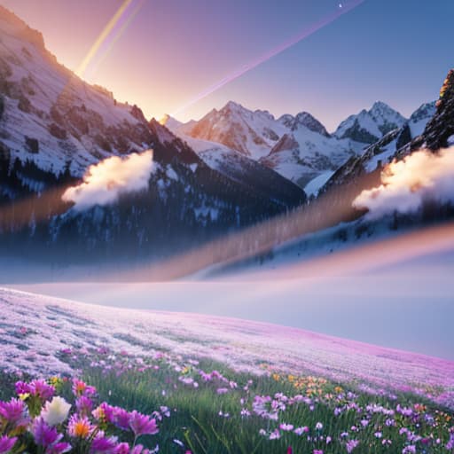  RAW Photography,Snow capped mountains, flowers and moos, sunrise, sunrays, white clouds,lens flare, low wide angle,, (sharpness in detail:1.1), Canon EOS 5D Mark IV, masterpiece, 35mm photograph, (iconic photograph:1.4), (visual storytelling:1.2), film grain, award winning photography,vibrant use of light and shadow, vivid colors,high quality textures of materials, volumetric textures perfect composition, dynamic play of light, rich colors, epic shot, perfectly quality, natural textures,high detail, high sharpness, high clarity, detailed ,photoshadow, intricate details, 8k hyperrealistic, full body, detailed clothing, highly detailed, cinematic lighting, stunningly beautiful, intricate, sharp focus, f/1. 8, 85mm, (centered image composition), (professionally color graded), ((bright soft diffused light)), volumetric fog, trending on instagram, trending on tumblr, HDR 4K, 8K