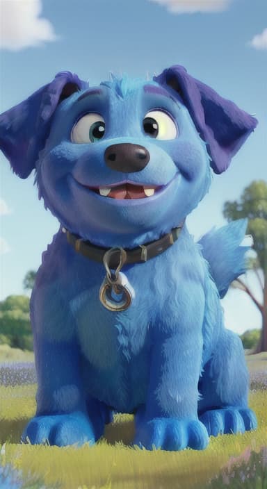  {A happy, big blue dog wagging its tail in a colorful meadow, The big blue dog is large with sky blue fur, big round eyes, a black nose, and floppy ears.