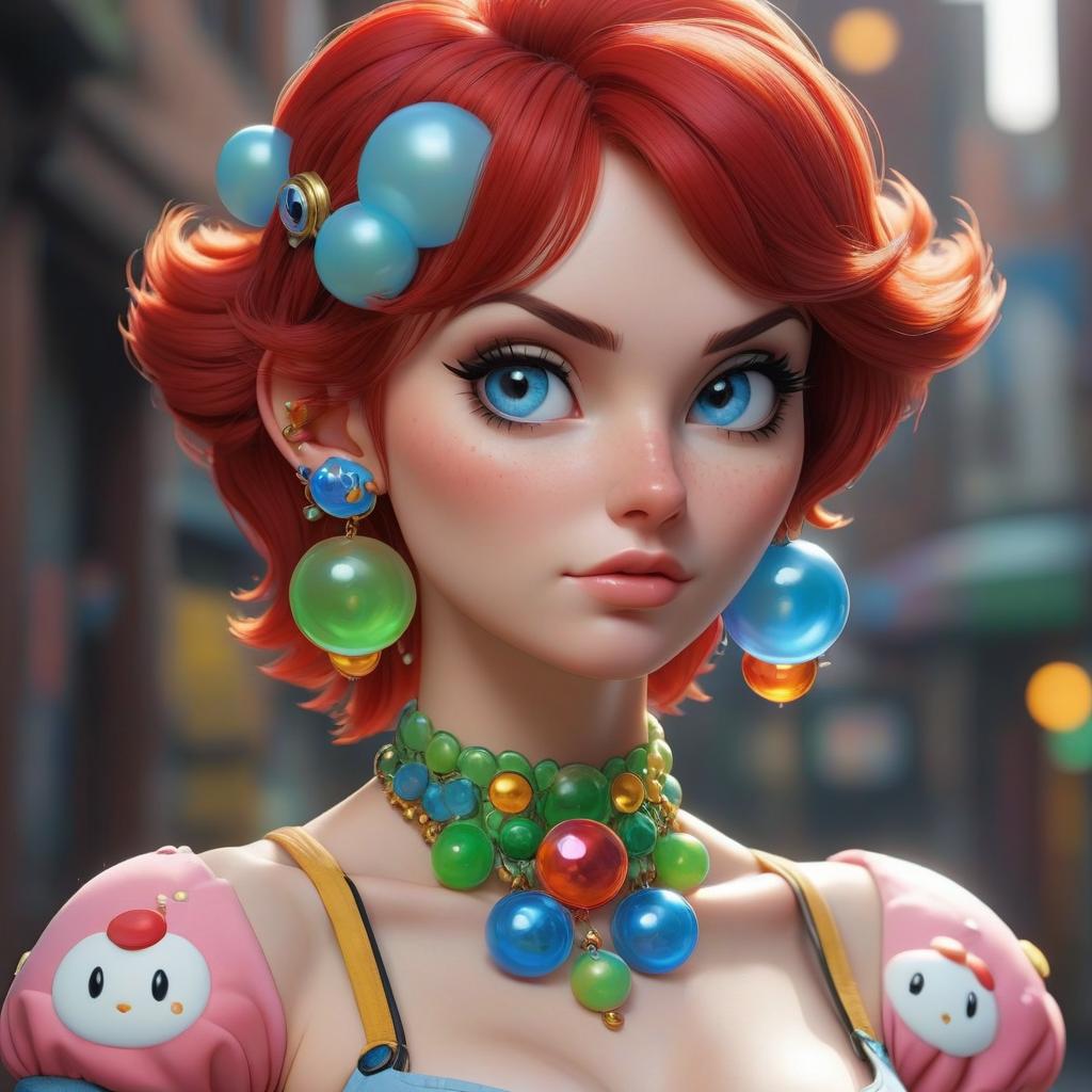  Bubble Bobble style A girl with short red hair. Earrings in her ears. A piercing in her nose. Blue eyes. Frillies under her eyes. A tattoo on her neck. . 8 bit, cute, pixelated, fantasy, vibrant, reminiscent of Bubble Bobble game hyperrealistic, full body, detailed clothing, highly detailed, cinematic lighting, stunningly beautiful, intricate, sharp focus, f/1. 8, 85mm, (centered image composition), (professionally color graded), ((bright soft diffused light)), volumetric fog, trending on instagram, trending on tumblr, HDR 4K, 8K