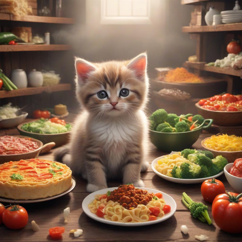  pixel art The kitten eats a lasagne covering various vegetables and meats, from it comes a cloud of steam. . low res, blocky, pixel art style, 8 bit graphics hyperrealistic, full body, detailed clothing, highly detailed, cinematic lighting, stunningly beautiful, intricate, sharp focus, f/1. 8, 85mm, (centered image composition), (professionally color graded), ((bright soft diffused light)), volumetric fog, trending on instagram, trending on tumblr, HDR 4K, 8K