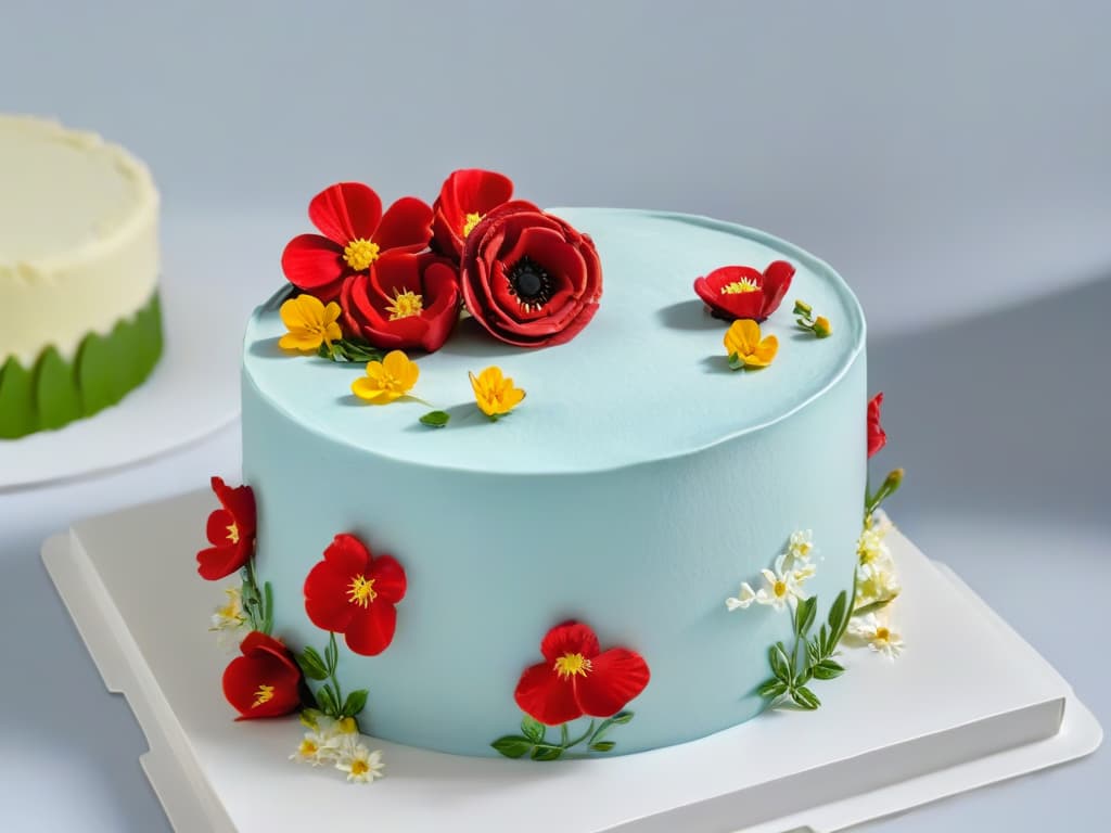  A highresolution, 8k ultradetailed image of a beautifully crafted, minimalist threetiered cake adorned with delicate edible flowers, elegant piping details, and a sleek, modern design. The cake is set against a clean, white background, showcasing its intricate simplicity and sophisticated aesthetic, perfectly capturing the essence of global pastry trends for 2022. hyperrealistic, full body, detailed clothing, highly detailed, cinematic lighting, stunningly beautiful, intricate, sharp focus, f/1. 8, 85mm, (centered image composition), (professionally color graded), ((bright soft diffused light)), volumetric fog, trending on instagram, trending on tumblr, HDR 4K, 8K