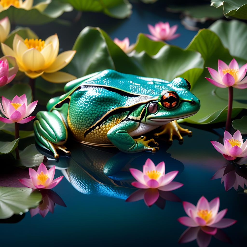  fairy tale (Background): a lake with blooming lotuses of different shades: from white pink to bright crimson and leaves of tender green colour. The sky above the lake of dark blue colour with golden stars scattered on it. (Fantasy Princess Frog): in the centre of the lake on the biggest lotus flower sits a charming frog in a golden crown decorated with blue and blue precious stones. In his paws he holds a ring decorated with blue stones. Style: fantasy, Russian fairy tales, illustrations. . magical, fantastical, enchanting, storybook style, highly detailed hyperrealistic, full body, detailed clothing, highly detailed, cinematic lighting, stunningly beautiful, intricate, sharp focus, f/1. 8, 85mm, (centered image composition), (professionally color graded), ((bright soft diffused light)), volumetric fog, trending on instagram, trending on tumblr, HDR 4K, 8K