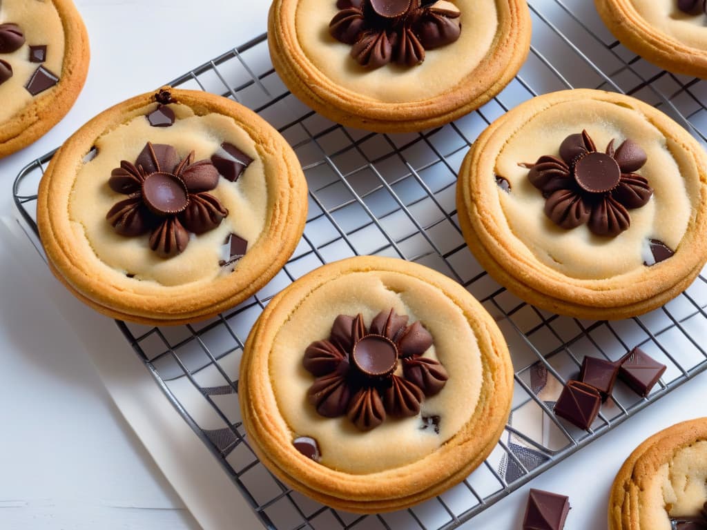  An ultradetailed closeup image of a perfectly golden vegan chocolate chip cookie cooling on a wire rack, showcasing the texture of the crispy edges and soft, gooey center. The cookie is surrounded by a sprinkling of flaky sea salt, enhancing the visual appeal and highlighting the contrast between the rich chocolate chips and the cookie's goldenbrown surface. The lighting is warm and inviting, creating a cozy and inviting atmosphere that complements the article's focus on vegan baking techniques. hyperrealistic, full body, detailed clothing, highly detailed, cinematic lighting, stunningly beautiful, intricate, sharp focus, f/1. 8, 85mm, (centered image composition), (professionally color graded), ((bright soft diffused light)), volumetric fog, trending on instagram, trending on tumblr, HDR 4K, 8K