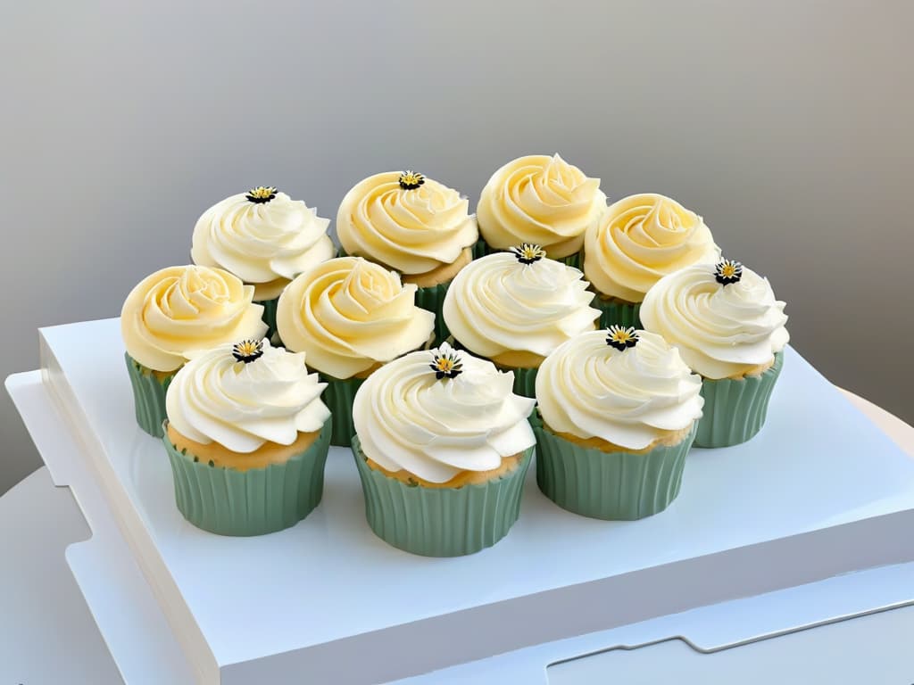  A minimalist, ultradetailed 8k image of a beautifully decorated cupcake display featuring intricate frosting designs in pastel colors, surrounded by delicate floral arrangements and elegant cake stands. The cupcakes are meticulously placed on a sleek, white marble countertop, creating a visually stunning and sophisticated presentation that embodies the essence of thematic pastry merchandising art. hyperrealistic, full body, detailed clothing, highly detailed, cinematic lighting, stunningly beautiful, intricate, sharp focus, f/1. 8, 85mm, (centered image composition), (professionally color graded), ((bright soft diffused light)), volumetric fog, trending on instagram, trending on tumblr, HDR 4K, 8K