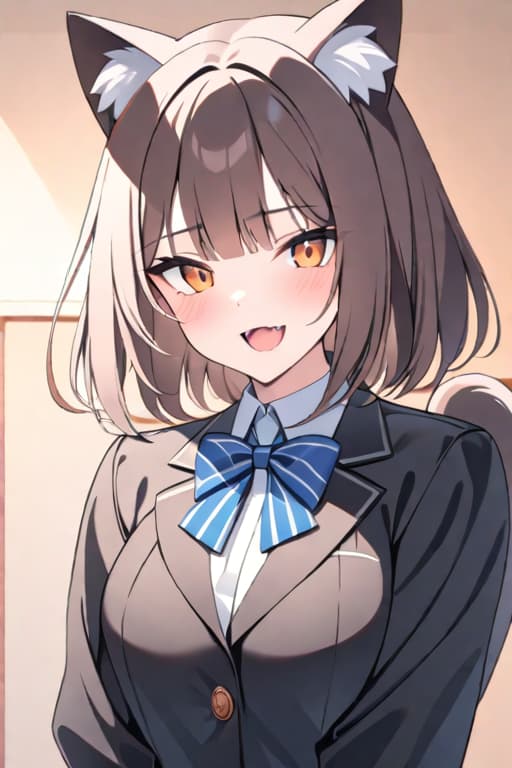  masterpiece, best quality, 1, solo, animal ears, bow, teeth, jacket, tail, open mouth, brown hair, orange background, bowtie, orange nails, simple background, cat ears, orange eyes, blue bow, animal ear fluff, cat tail, looking at viewer, upper body, shirt, uniform, hood, striped bow, striped, white shirt, black jacket, blue bowtie, fingernails, long sleeves, cat , bangs, fangs, collared shirt, striped bowtie, short hair, tongue, hoodie, sharp teeth, facial mark, claw pose hyperrealistic, full body, detailed clothing, highly detailed, cinematic lighting, stunningly beautiful, intricate, sharp focus, f/1. 8, 85mm, (centered image composition), (professionally color graded), ((bright soft diffused light)), volumetric fog, trending on instagram, trending on tumblr, HDR 4K, 8K