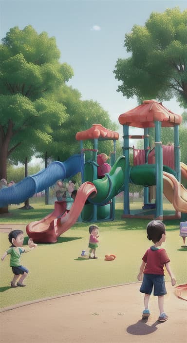  {Children playing in a sunny park with swings and slides., Same group of happy children, now wearing casual play clothes.