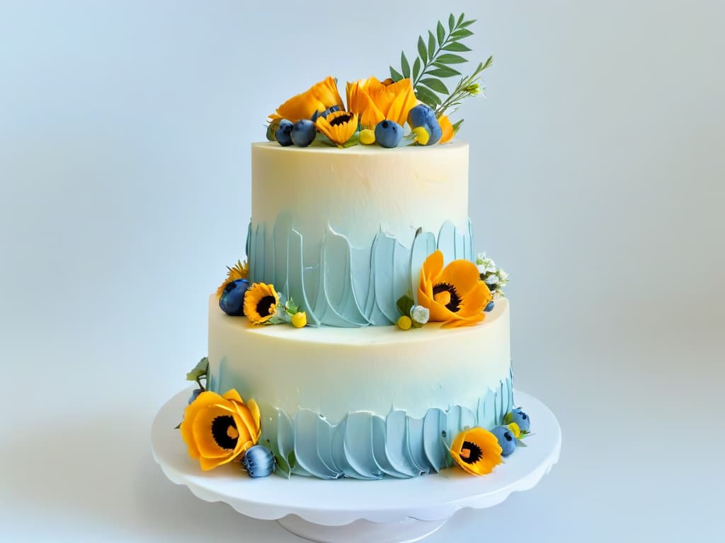  A minimalist yet detailed image of a beautifully decorated tiered cake featuring intricate floral designs in pastel colors, displayed on a simple white cake stand against a clean, white background. hyperrealistic, full body, detailed clothing, highly detailed, cinematic lighting, stunningly beautiful, intricate, sharp focus, f/1. 8, 85mm, (centered image composition), (professionally color graded), ((bright soft diffused light)), volumetric fog, trending on instagram, trending on tumblr, HDR 4K, 8K