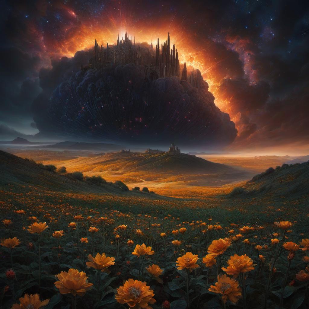  (stylized by Tomasz Alen Kopera:1.3) , dark art, dense flower field and Perseid meteor in background, landscape of a (Barcelona:1.2) , very Bizarre and 1600'S, Hurricane, Glitchcore, Amaro, layered textures, ornate, intricate artistic color, complimentary colors, very inspirational, atmosphere, fine artistic composition, sunny, theatrical hyperrealistic, full body, detailed clothing, highly detailed, cinematic lighting, stunningly beautiful, intricate, sharp focus, f/1. 8, 85mm, (centered image composition), (professionally color graded), ((bright soft diffused light)), volumetric fog, trending on instagram, trending on tumblr, HDR 4K, 8K