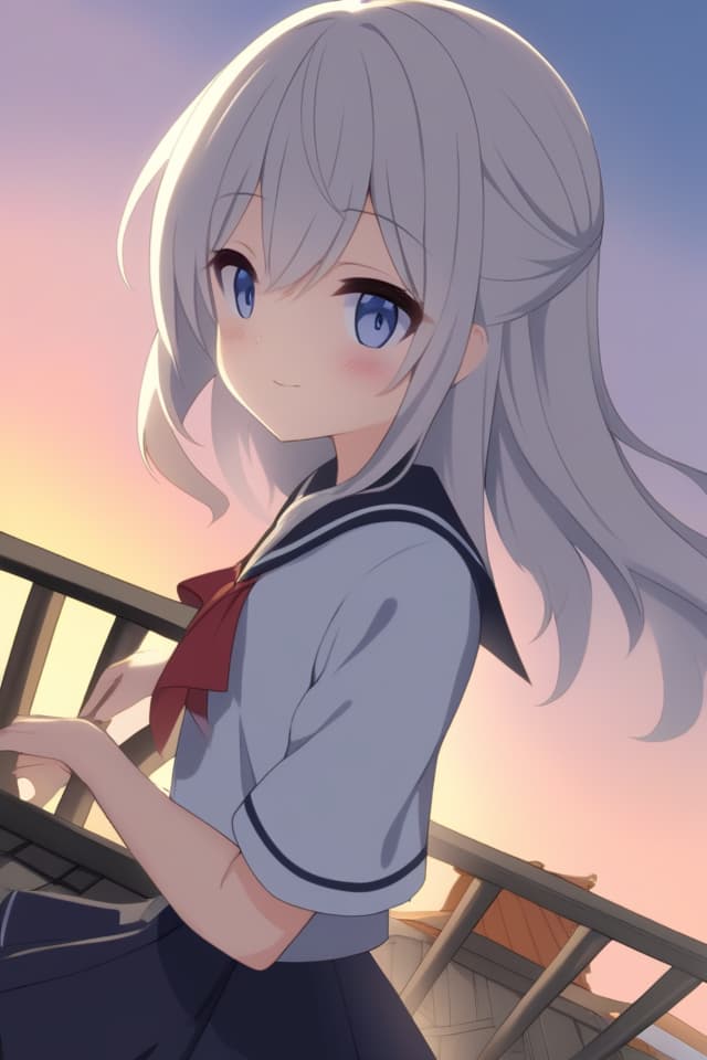  ((High quality, high quality, super resolution, good anatomy)) MasterPEACE, Best of the Best A beautiful black triple ided rooftop sweet that matches a small, cute female picture High student nice uniform Windy Sunset