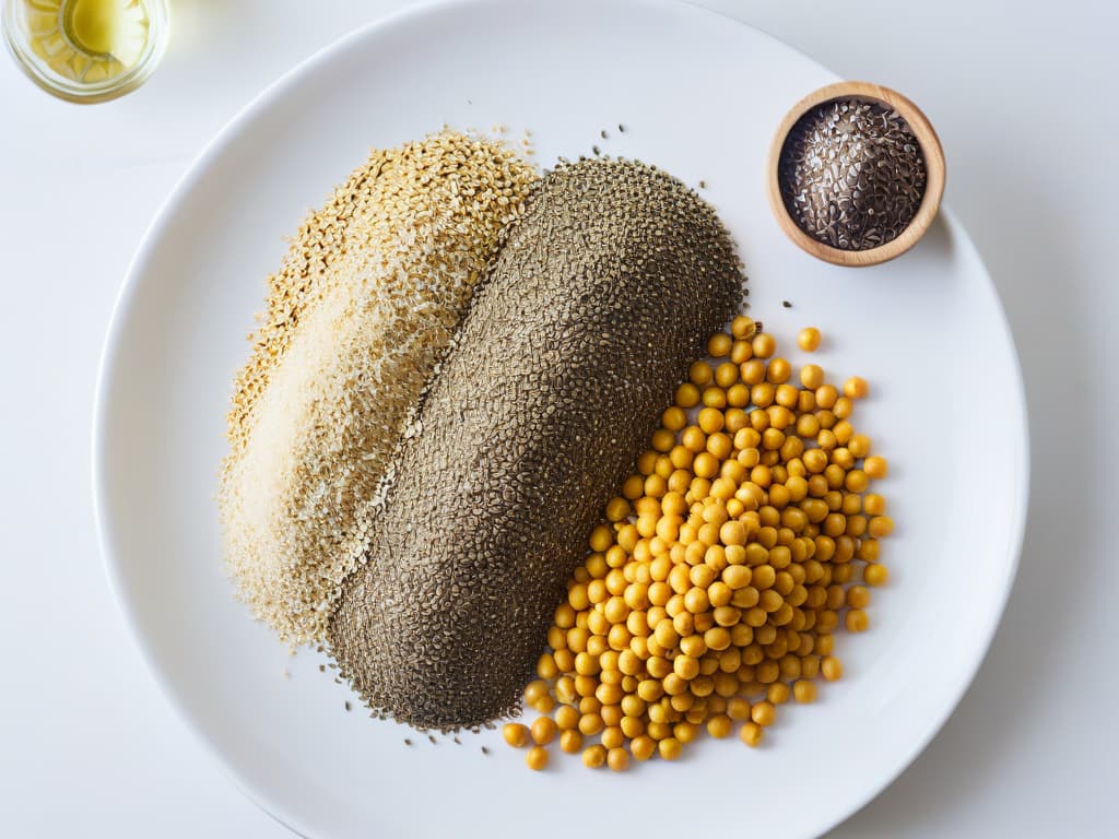  An intricately arranged flat lay composition featuring a variety of chia and flax seeds scattered on a sleek, white marble surface. The seeds are meticulously placed in a visually pleasing pattern, showcasing their texture and natural beauty. Light softly illuminates the scene, casting gentle shadows that add depth and dimension to the image. The minimalistic aesthetic highlights the organic nature of the seeds, emphasizing their role in healthy baking and nutrition. hyperrealistic, full body, detailed clothing, highly detailed, cinematic lighting, stunningly beautiful, intricate, sharp focus, f/1. 8, 85mm, (centered image composition), (professionally color graded), ((bright soft diffused light)), volumetric fog, trending on instagram, trending on tumblr, HDR 4K, 8K