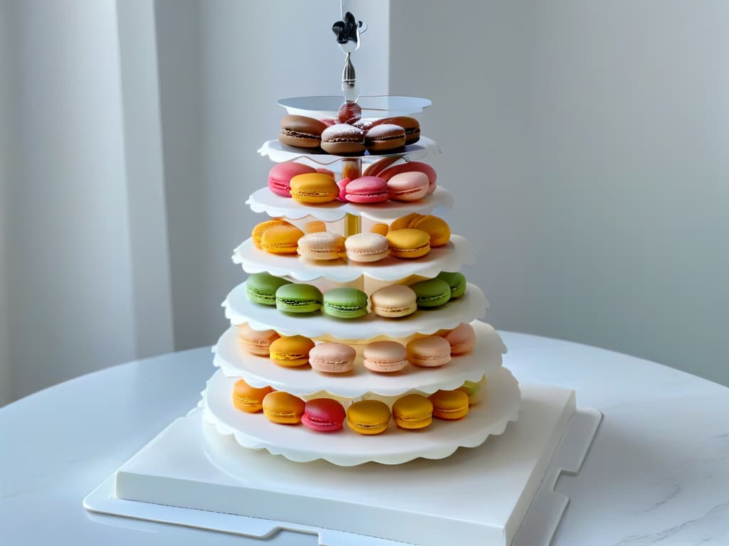  A closeup, ultradetailed image of a delicate French macaron tower with vibrant pastel colors and intricate patterns, beautifully arranged on a sleek, modern marble platter. Each macaron is perfectly formed, showcasing the smooth, glossy shells and indulgent, creamy fillings inside. The image captures the exquisite details and artistry of these miniature desserts, highlighting the precision and skill required in creating them. The soft, diffused lighting enhances the pastel hues and elegant presentation, creating a visually stunning and appetizing composition that embodies the essence of international pastry craftsmanship. hyperrealistic, full body, detailed clothing, highly detailed, cinematic lighting, stunningly beautiful, intricate, sharp focus, f/1. 8, 85mm, (centered image composition), (professionally color graded), ((bright soft diffused light)), volumetric fog, trending on instagram, trending on tumblr, HDR 4K, 8K