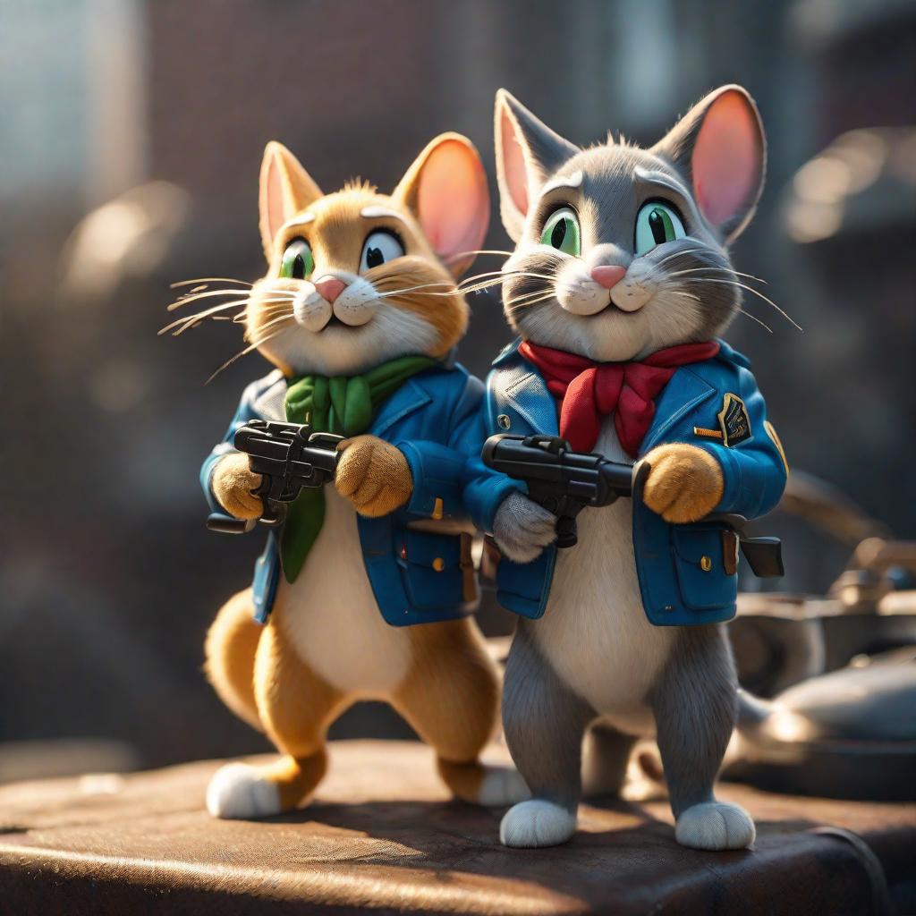  Crea a Tom y Jerry como soldados hyperrealistic, full body, detailed clothing, highly detailed, cinematic lighting, stunningly beautiful, intricate, sharp focus, f/1. 8, 85mm, (centered image composition), (professionally color graded), ((bright soft diffused light)), volumetric fog, trending on instagram, trending on tumblr, HDR 4K, 8K