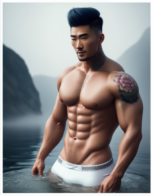  muscle, tattooed Chinese beautiful boy taking a in river with white hair,  whole dorsal body，chest hair hyperrealistic, full body, detailed clothing, highly detailed, cinematic lighting, stunningly beautiful, intricate, sharp focus, f/1. 8, 85mm, (centered image composition), (professionally color graded), ((bright soft diffused light)), volumetric fog, trending on instagram, trending on tumblr, HDR 4K, 8K