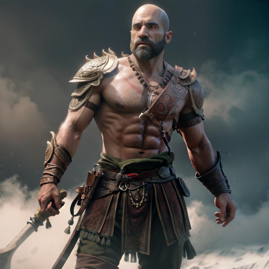  God of war hyperrealistic, full body, detailed clothing, highly detailed, cinematic lighting, stunningly beautiful, intricate, sharp focus, f/1. 8, 85mm, (centered image composition), (professionally color graded), ((bright soft diffused light)), volumetric fog, trending on instagram, trending on tumblr, HDR 4K, 8K