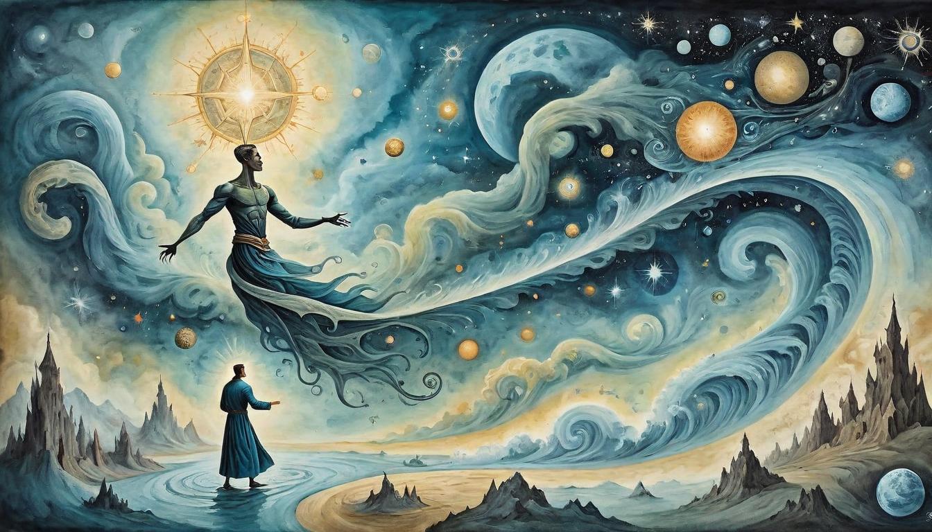  on parchment, surrealism+++, Human figure merging with a cosmic stream, tapping into universal energy, infinite possibilities unfolding, connected, limitless(mysterious, provocative, symbolic,muted color)+++