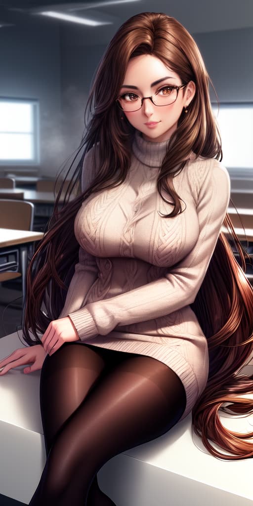  1 female teacher, long brown hair, (brown eyes:1.5), glamorous, large, glossy lips, under rim glasses, blush, BREAK knit sweater, tight,
pantyhose
,
BREAK
classroom, (winter:1.2), sitting on desk, look down on with disdain,
BREAK
cowboy shot, from below,
BREAK
8K, absurdres, best quality, ultra detailed, hires, detailed background, detailed beautiful face, detailed skin, skindentation, (detailed beautiful eyes:1.2), depth of field, photorealistic,, hyperrealistic, full body, detailed clothing, highly detailed, cinematic lighting, stunningly beautiful, intricate, sharp focus, f/1. 8, 85mm, (centered image composition), (professionally color graded), ((bright soft diffused light)), volumetric fog, trending on instagram, trending on tumblr, HDR 4K, 8K