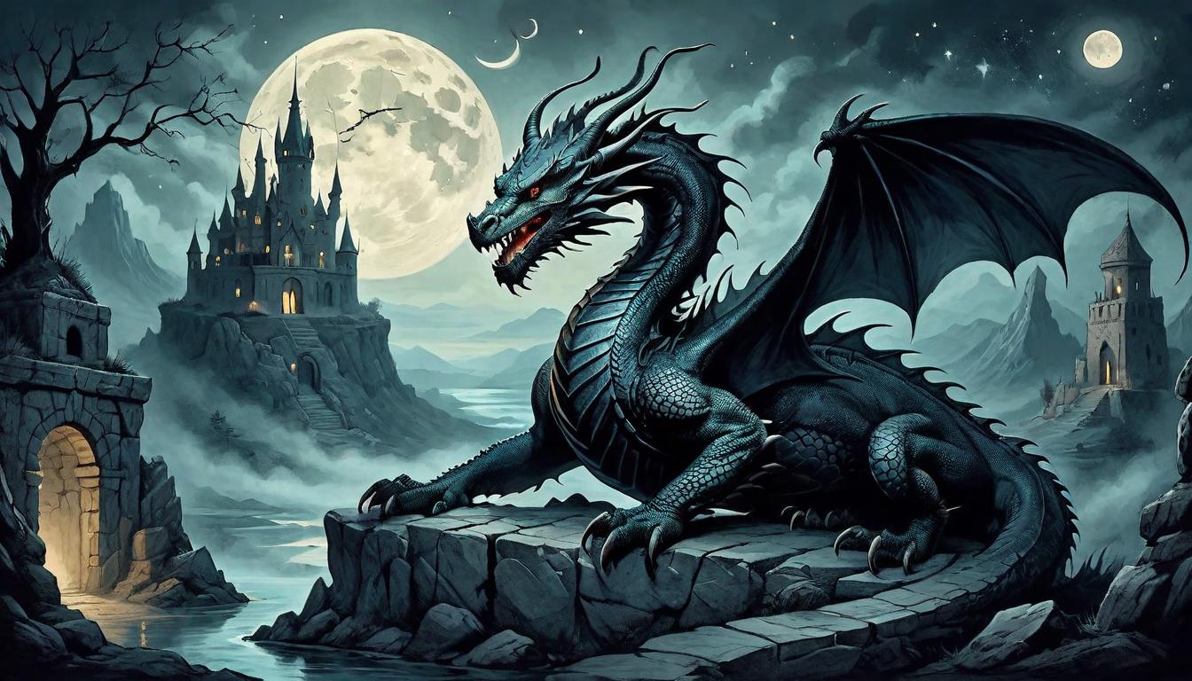  on parchment, surrealism+++, Dragons coiled around ancient stone structures, semi illuminated against the night sky, scales reflecting dim moonlight, dark new age aesthetic, sense of timeless existence and veiled presence(mysterious, provocative, symbolic,muted color)+++