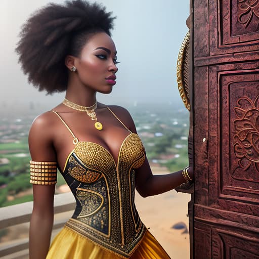  la jeune reine africaine qui porte les vêtements les plus sexy au monde hyperrealistic, full body, detailed clothing, highly detailed, cinematic lighting, stunningly beautiful, intricate, sharp focus, f/1. 8, 85mm, (centered image composition), (professionally color graded), ((bright soft diffused light)), volumetric fog, trending on instagram, trending on tumblr, HDR 4K, 8K