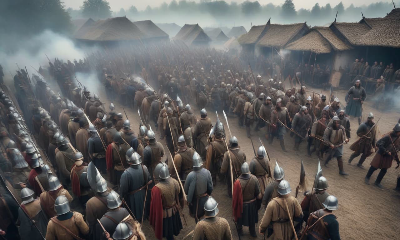  Poor medieval peasant militia on parade from above, without helmets and carrying spears hyperrealistic, full body, detailed clothing, highly detailed, cinematic lighting, stunningly beautiful, intricate, sharp focus, f/1. 8, 85mm, (centered image composition), (professionally color graded), ((bright soft diffused light)), volumetric fog, trending on instagram, trending on tumblr, HDR 4K, 8K