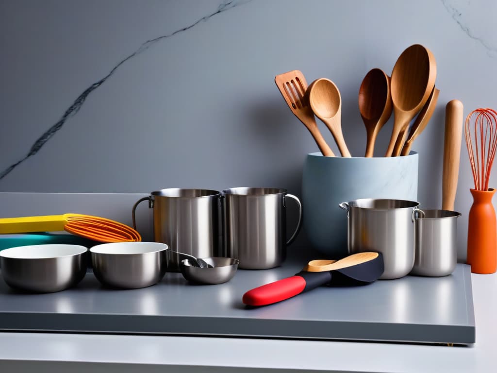  A minimalist, ultradetailed image of a sleek, modern kitchen countertop with an array of trendy baking utensils neatly organized. The image features highquality, stainless steel mixing bowls, marble rolling pins, copper measuring cups, and an assortment of colorful silicone spatulas. The lighting is soft and natural, emphasizing the clean lines and sophisticated design of the utensils, creating a visually appealing and aspirational scene for the readers. hyperrealistic, full body, detailed clothing, highly detailed, cinematic lighting, stunningly beautiful, intricate, sharp focus, f/1. 8, 85mm, (centered image composition), (professionally color graded), ((bright soft diffused light)), volumetric fog, trending on instagram, trending on tumblr, HDR 4K, 8K