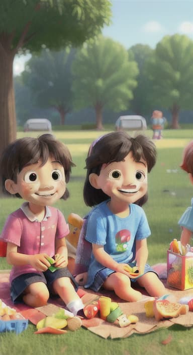  {Kids sitting around a picnic blanket, enjoying juice boxes and snacks., Children happily eating snacks, with crumbs on their faces and big smiles.