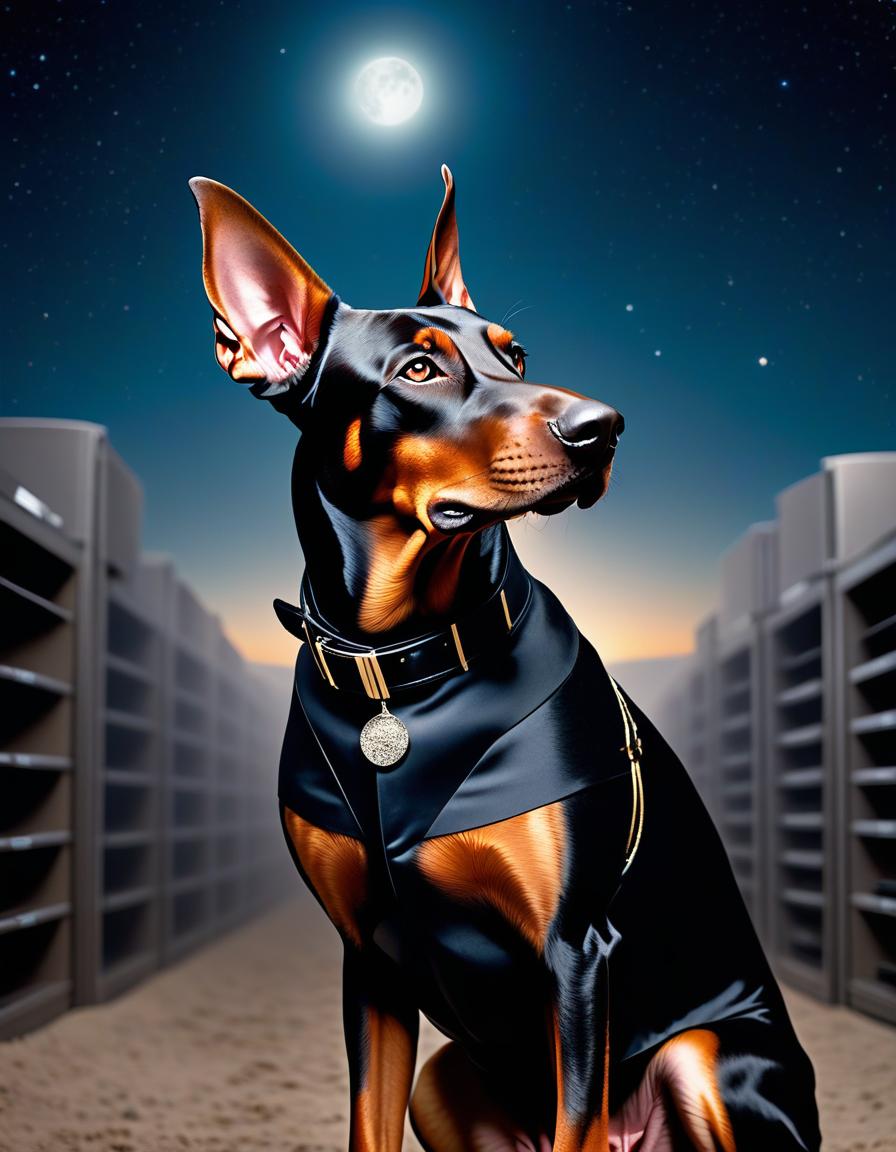  cinematic film still A Doberman dog in a strict black suit, with black glasses, wearing epaulets, against a background of servers and a beautiful bright starry sky, the full moon is clearly visible in the sky, and Saturn is very close. . shallow depth of field, vignette, highly detailed, high budget, bokeh, cinemascope, moody, epic, gorgeous, film grain, grainy hyperrealistic, full body, detailed clothing, highly detailed, cinematic lighting, stunningly beautiful, intricate, sharp focus, f/1. 8, 85mm, (centered image composition), (professionally color graded), ((bright soft diffused light)), volumetric fog, trending on instagram, trending on tumblr, HDR 4K, 8K