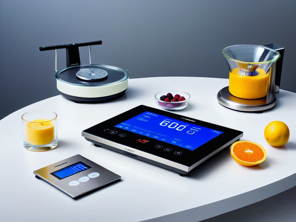  An ultradetailed 8k image of a sleek, modern kitchen countertop adorned with an array of stateoftheart digital baking tools such as a hightech digital scale, a futuristic touchscreen recipe tablet displaying colorful dessert recipes, a precision temperaturecontrolled induction cooktop, and a sleek digital piping bag with various interchangeable nozzles. The tools are neatly arranged on the pristine marble surface, softly illuminated by the gentle glow of undercabinet LED lights, creating a visually striking and aspirational scene for budding digital pastry enthusiasts. hyperrealistic, full body, detailed clothing, highly detailed, cinematic lighting, stunningly beautiful, intricate, sharp focus, f/1. 8, 85mm, (centered image composition), (professionally color graded), ((bright soft diffused light)), volumetric fog, trending on instagram, trending on tumblr, HDR 4K, 8K