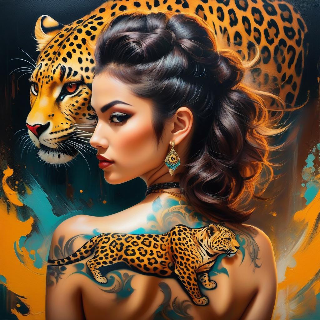  Street Fighter style Pop surrealism,girl with a tattoo of a leopard on her back, oil painting, highly detailed image with double exposure and overlay of textures and layers. Distant background. Gorgeous, saturated. A background of bright revolutionary tones: surrealist abstractionism. Subtle patterns of mysticism and magic. Stylistics: neorococo, fantasy abstraction, surrealism, mystery. High quality. . vibrant, dynamic, arcade, 2D fighting game, highly detailed, reminiscent of Street Fighter series hyperrealistic, full body, detailed clothing, highly detailed, cinematic lighting, stunningly beautiful, intricate, sharp focus, f/1. 8, 85mm, (centered image composition), (professionally color graded), ((bright soft diffused light)), volumetric fog, trending on instagram, trending on tumblr, HDR 4K, 8K