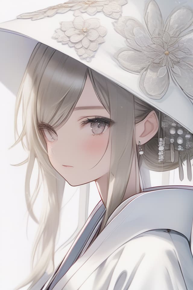  (Bride in a white kimono) (wearing a hood made of white fabric) fluffy Illustration (Close UP OF UPPER BODY) Masterpiece, J Apanese Bride, Japanese Bridal Gown, White Kimono with Silver Embroidery. Cotton Hat, Eyes Hidden, ONLY MOUTH VISIBLE.