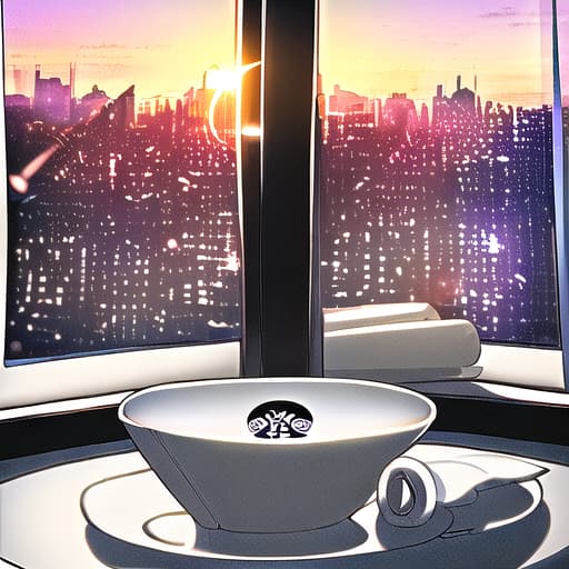  Futuristic style. Deck of cards and cup of tea over white table. Sunset through a window with a city view. White and soft tones.