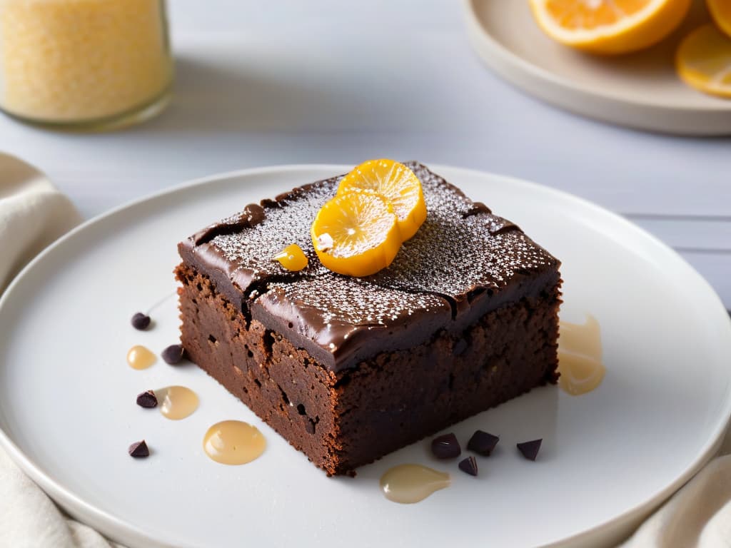  An ultradetailed closeup image of a decadent chocolate quinoa brownie, topped with a sprinkle of quinoa seeds and a drizzle of honey, set on a sleek, modern white dessert plate. The brownie is rich, moist, and exudes a glossy sheen, with visible chunks of dark chocolate and a dusting of cocoa powder. The background is softly blurred to emphasize the dessert, showcasing its intricate textures and inviting presentation. hyperrealistic, full body, detailed clothing, highly detailed, cinematic lighting, stunningly beautiful, intricate, sharp focus, f/1. 8, 85mm, (centered image composition), (professionally color graded), ((bright soft diffused light)), volumetric fog, trending on instagram, trending on tumblr, HDR 4K, 8K