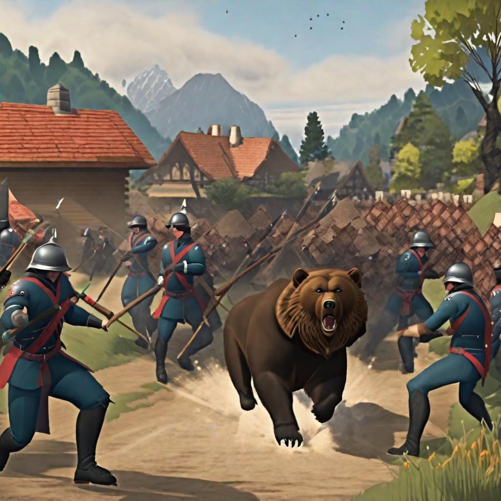  masterpiece, best quality,Draw a grizzly bear invading the village and attacking the Diga juvenile, then being defeated by the bald man wearing the Emperor Armor