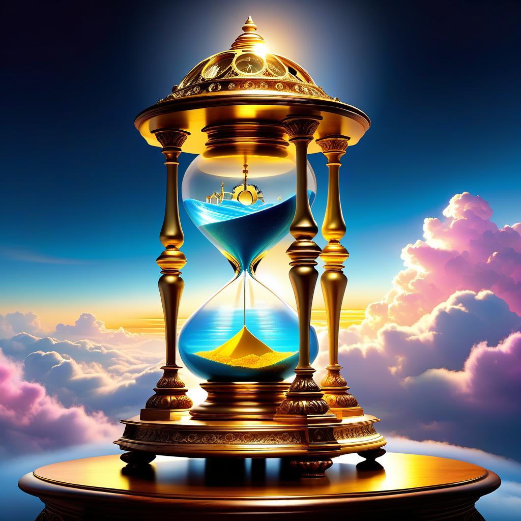  ethereal fantasy concept art of (Fancy hourglass). clock design: wooden carved case lacquered. Bowls of transparent glass. Inside the top bowl of the clock the rising sun is displayed. Around the sun is a blue sky and white, golden pink clouds. (Inside the lower bowl of the clock):A nighttime, dark blue sky with a bright yellow month with a silvery cast. Beneath the sky are mountains covered with blue white snow, shimmering with different colours of the rainbow. Background: gradient: in the lower part of the background the structure of sand. In the upper part of the background perispherical clouds in the blue sky. Style: philosophical romantic fantasy. . magnificent, celestial, ethereal, painterly, epic, majestic, magical, fantasy art, cov hyperrealistic, full body, detailed clothing, highly detailed, cinematic lighting, stunningly beautiful, intricate, sharp focus, f/1. 8, 85mm, (centered image composition), (professionally color graded), ((bright soft diffused light)), volumetric fog, trending on instagram, trending on tumblr, HDR 4K, 8K