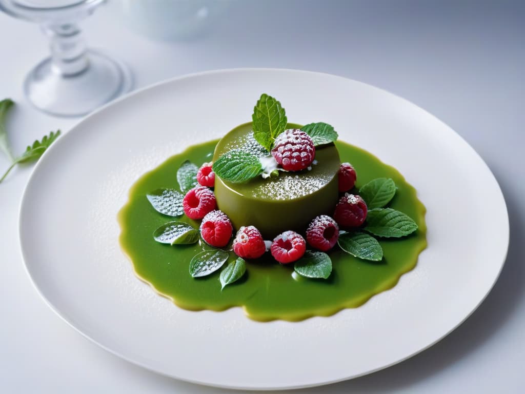  A closeup, ultradetailed image of a perfectly round, glossy spherification dessert resting on a pristine white plate, surrounded by tiny delicate mint leaves and a drizzle of vibrant raspberry coulis, showcasing the intricate textures and elegant presentation of this advanced culinary technique. hyperrealistic, full body, detailed clothing, highly detailed, cinematic lighting, stunningly beautiful, intricate, sharp focus, f/1. 8, 85mm, (centered image composition), (professionally color graded), ((bright soft diffused light)), volumetric fog, trending on instagram, trending on tumblr, HDR 4K, 8K