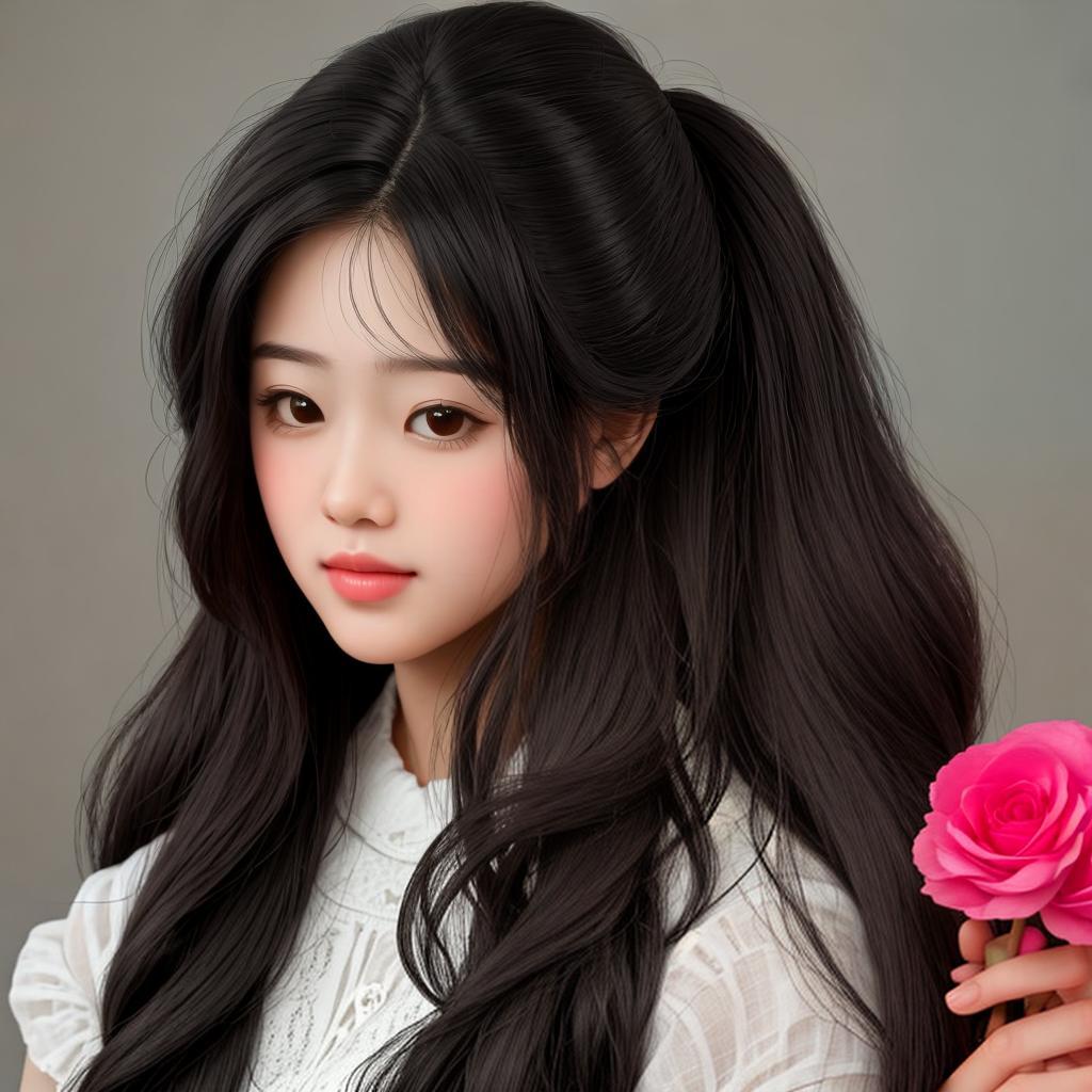  masterpiece, best quality, a young realistic doll, , preppy, hair half up half down, surrounded by othera