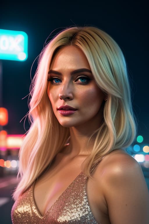  Street art, neon lights, sign boards, nightlife, empty roads, cinematic mood, cinematic lights, shallow depth of field, girl in glitter dress, blond girl with Hollywood weaves hairstyle,close up portrait,clear face features, 200 mm, head shot hyperrealistic, full body, detailed clothing, highly detailed, cinematic lighting, stunningly beautiful, intricate, sharp focus, f/1. 8, 85mm, (centered image composition), (professionally color graded), ((bright soft diffused light)), volumetric fog, trending on instagram, trending on tumblr, HDR 4K, 8K