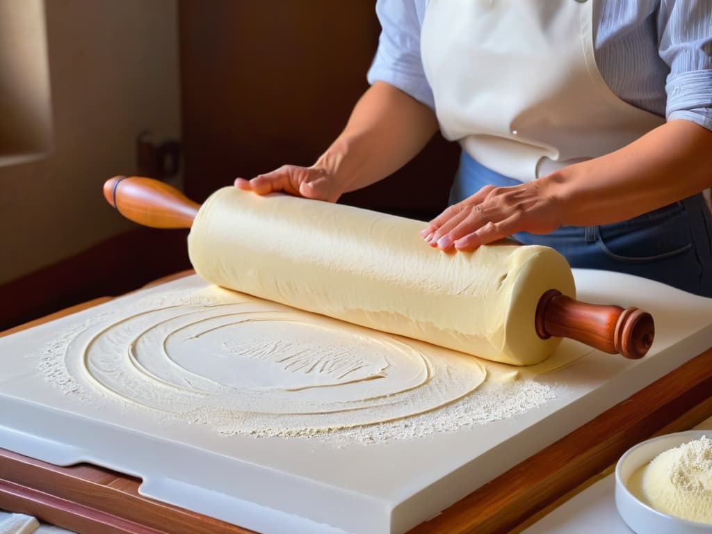  An ultradetailed closeup image of a baker's hands delicately using a patterned rolling pin to create intricate designs on a sheet of dough. The hands are dusted with flour, and the dough is perfectly smooth, showcasing the texture being added by the rolling pin. The lighting is soft, emphasizing the craftsmanship and attention to detail in the baking process. hyperrealistic, full body, detailed clothing, highly detailed, cinematic lighting, stunningly beautiful, intricate, sharp focus, f/1. 8, 85mm, (centered image composition), (professionally color graded), ((bright soft diffused light)), volumetric fog, trending on instagram, trending on tumblr, HDR 4K, 8K