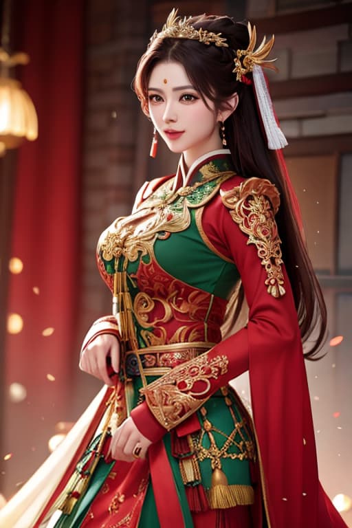  A Three Kingdoms cartoon character dressed in red and green hyperrealistic, full body, detailed clothing, highly detailed, cinematic lighting, stunningly beautiful, intricate, sharp focus, f/1. 8, 85mm, (centered image composition), (professionally color graded), ((bright soft diffused light)), volumetric fog, trending on instagram, trending on tumblr, HDR 4K, 8K