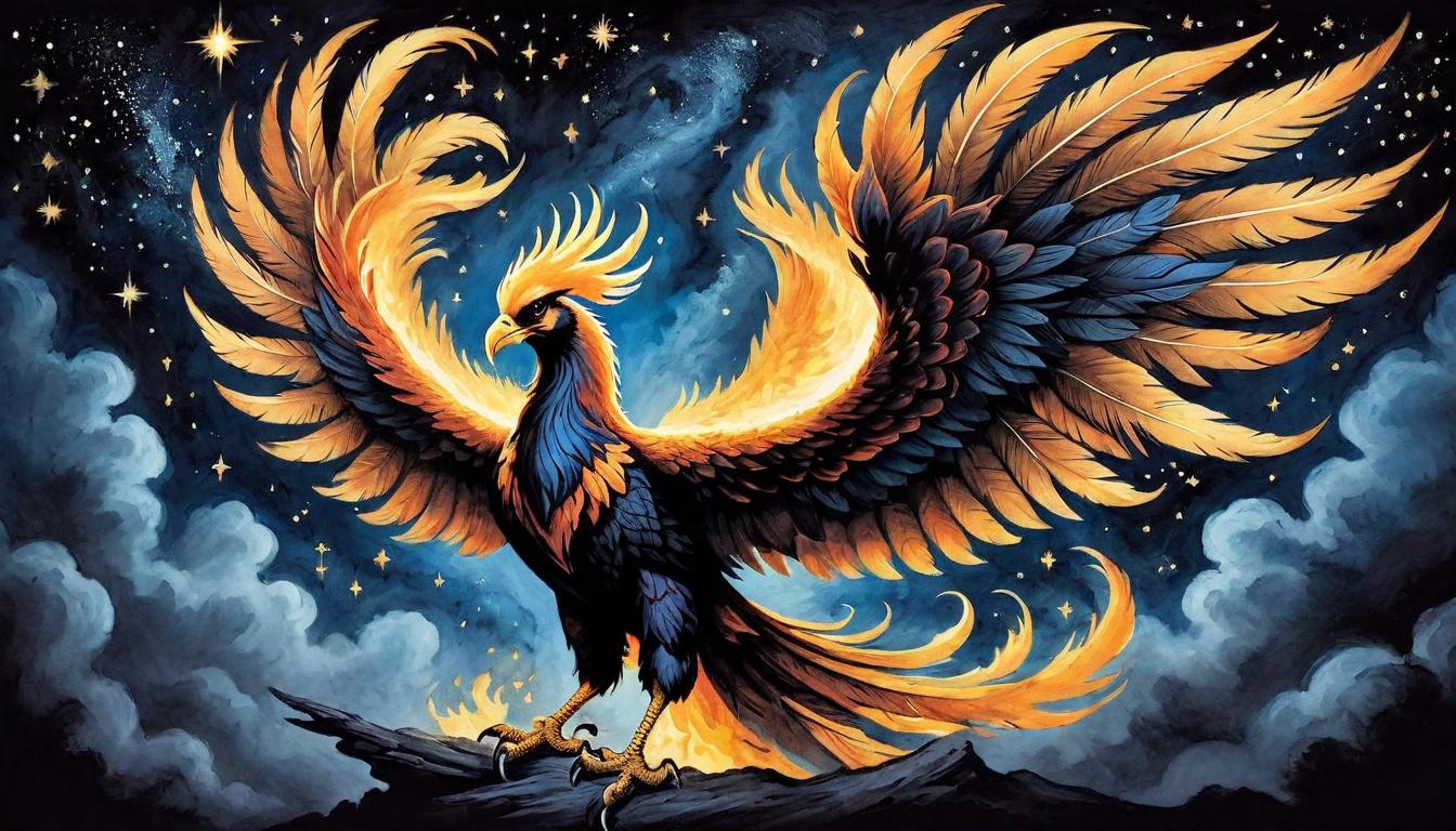  on parchment, surrealism+++, A majestic phoenix rises from the ashes, embodying the spirit of rebirth and inspiration, feathers glowing as if lit by an inner flame, silhouette framed against a dark, starry sky, rebirth, inspiration, invigoration(mysterious, provocative, symbolic,muted color)+++