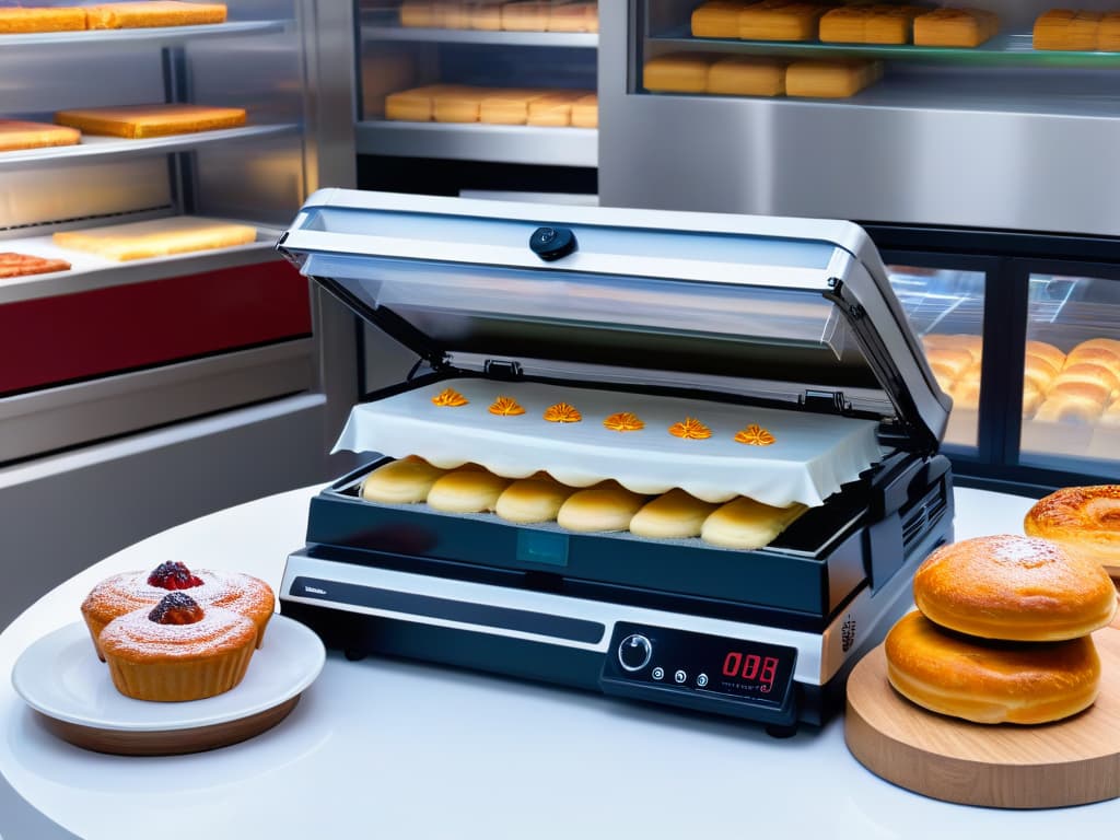  A closeup, photorealistic image of a sleek, modern vacuum sealer in action, perfectly sealing a variety of freshly baked pastries into airtight packages. The machine's digital display shows the precise vacuum pressure and sealing time, while the pastries glisten with a hint of steam rising from their warm interiors. The background features a bustling bakery kitchen, with chefs skillfully crafting more treats, adding to the vibrant and professional atmosphere of the scene. hyperrealistic, full body, detailed clothing, highly detailed, cinematic lighting, stunningly beautiful, intricate, sharp focus, f/1. 8, 85mm, (centered image composition), (professionally color graded), ((bright soft diffused light)), volumetric fog, trending on instagram, trending on tumblr, HDR 4K, 8K